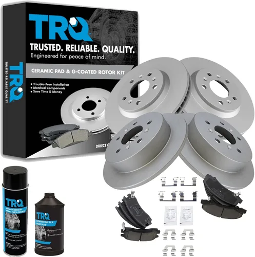 TRQ Kit de pastillas de freno delanteras y traseras y rotores Kit de productos químicos de freno, pastillas de freno Rotor de freno Cerámica Premium