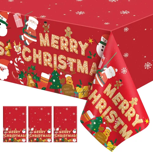 Miniatura 17 de Mantel de Navidad, 2 piezas de mantel desechable de plástico rojo, mantel de 54 x 108 pulgadas para decoraciones de Navidad, mantel de árbol