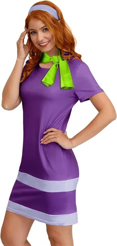Miniatura 4 de For G and PL Disfraz de Halloween de manga corta para mujer, minivestido morado con bufanda y diadema