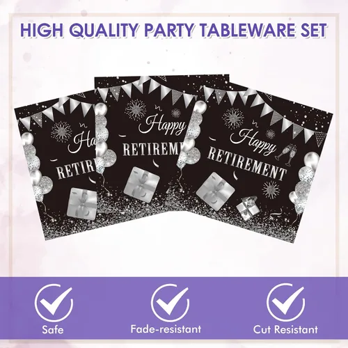 Miniatura 3 de Juego de 40 piezas de vajilla desechable para fiestas de jubilación para hombres y mujeres, color negro y plateado, incluye platos de jubilación