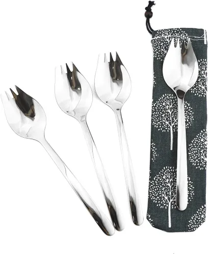 4 tenedores plateados para uso doméstico, campamento, viajes, senderismo, cuchara de acero inoxidable 18/10, cuchara de postre de fideos, juego de