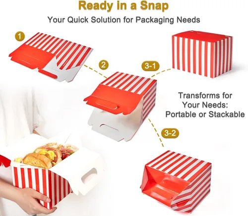 Miniatura 6 de Happyhiram Paquete de 40 cajas grandes a dos aguas con rayas rojas, contenedores de cartón resistentes de 9 x 6 x 6 pulgadas para regalos de Rojo