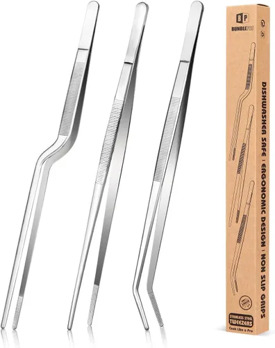 Juego de pinzas de cocina fina, pinzas profesionales de acero inoxidable para alimentos, pinzas largas de cocina negras para cocinar, enchapar,