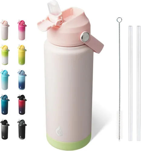 Miniatura 56 de BJPKPK - Botella de agua aislada con tapa de popote, 532 ml Botellas termo con boquilla suave, asa flexible y base antideslizante, libre de BPA, a