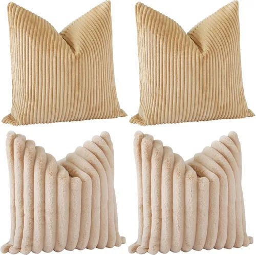 OTOSTAR Paquete de 4 fundas de almohada decorativas de pana suave de piel sintética de felpa de 18 x 18 pulgadas, fundas de cojín mullidas a rayas,