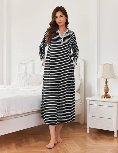 Miniatura 2 de Ekouaer Camisón largo para mujer con cuello en V, ropa de dormir de longitud completa con bolsillos