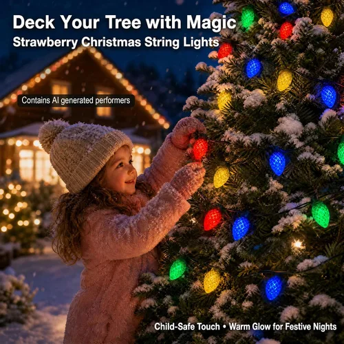 Miniatura 2 de ITICdecor C7 - Guirnalda de luces solares de fresa, 31 pies, 50 luces LED coloridas IP65, impermeable, encendido/apagado automático, cable verde