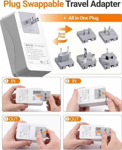 Miniatura 6 de BESTEK Adaptador de viaje universal, adaptador de corriente internacional con 1 tomacorrientes, 4 puertos de carga USB (1 USB C PD 35W), enchufes