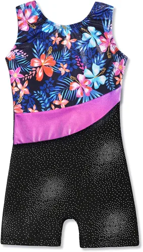 Leotardo de gimnasia con shorts para niñas sin mangas para ciclismo diseños de mariposas flores con brillo color negro con rosa Hotpink Black