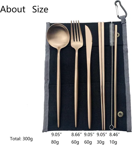 Miniatura 3 de JASHII Juego de cubiertos de viaje de acero inoxidable, tenedor, cuchara, cuchillo, pajilla, cubiertos reutilizables con estuche, juego de Rosa