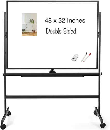 Pizarra blanca móvil de grado industrial de 32 x 48 pulgadas de borrado en seco con soporte rodante con cerradura, pizarra blanca magnética de doble
