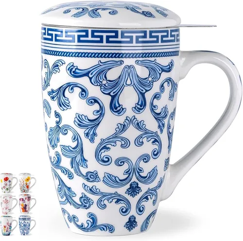 Miniatura 12 de AmorArc Taza de té de porcelana de 18 onzas con infusor y tapa, taza de té de hojas sueltas con colador de acero inoxidable, taza de café grande