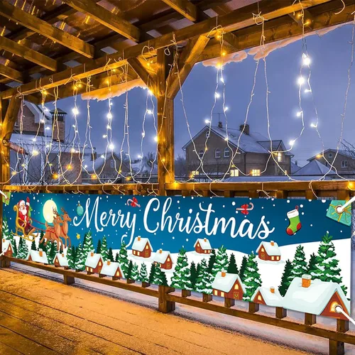 Miniatura 5 de Cartel de Navidad al aire libre, gran tela azul decoraciones de Feliz Navidad con Papá Noel renos regalos de fondo, cartel de Navidad para patio