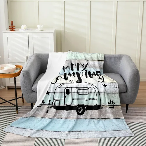 Miniatura 11 de jejeloiu Manta de cama de campamento para todas las estaciones, manta de franela de vellón con temática de campamento feliz, manta peluda de madera