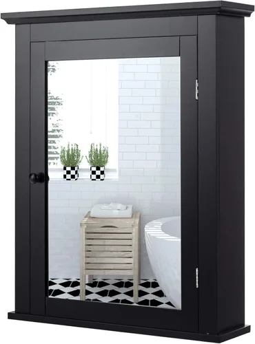 Tangkula Gabinete de baño con espejo, gabinete tipo botiquín con espejo montado en la pared con puerta única y estante ajustable en 5 posiciones,