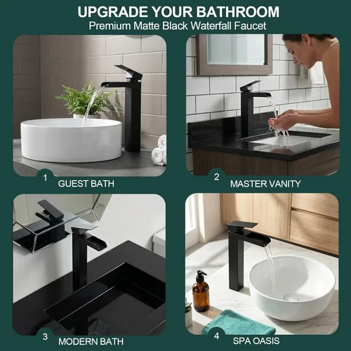 Miniatura 6 de Grifo de baño de cascada alto negro, grifo de fregadero Hanlde con boquilla de cascada, grifos de baño para 1 agujero, grifo mezclador de tocador