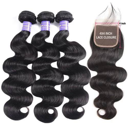 Miniatura 5 de Paquetes con extensiones de cabello ondulado con cierre (10 12 14+10, parte libre) cierre de encaje 4×4 con 3 paquetes 100% cabello humano virgen