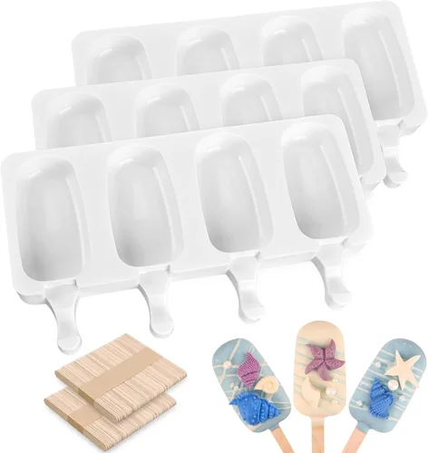 Miniatura 12 de Sakolla 2 paquetes de moldes de silicona para paletas, moldes de helado de diamante de 4 cavidades con 50 palos de madera para paletas de hielo