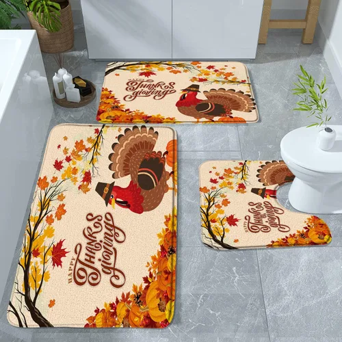 Miniatura 5 de Juego de 3 alfombras de baño para el día de Acción de Gracias, pavo de dibujos animados, granja, hoja de arce, calabaza, cosecha de otoño