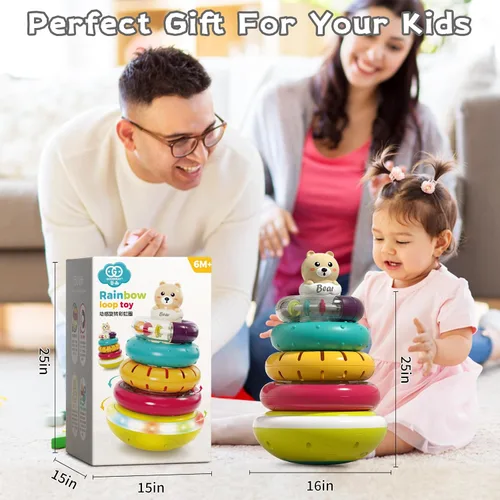 Miniatura 6 de Juguete apilador de anillos para bebé con luces, juguetes apilables musicales para niños pequeños de 1 a 3 años, juguetes Montessori giratorios