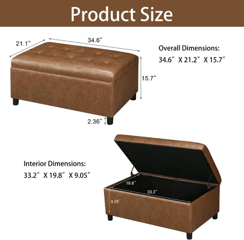 Miniatura 3 de Homebeez Banco de almacenamiento de piel sintética de 34.6 pulgadas, reposapiés otomano copetudo con tapa con bisagras fácil de abrir para sala