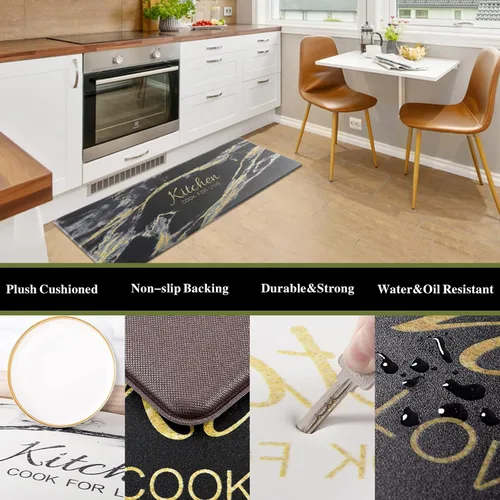 Miniatura 5 de Carvapet 2 tapetes cómodos antifatiga para cocina, de pie, impermeables, decorativas, ergonómicas, para cocina, diseño de mármol negro y dorado, 17