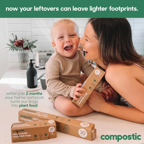 Miniatura 4 de Compostic Bolsas compostables para aperitivos, tamaño de aperitivo (60 unidades), paquete de iniciación – Sellado resellable, a base de plantas