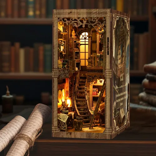 Miniatura 4 de Kit de rincón de libros para adultos, rompecabezas de madera 3D, kit de casa en miniatura de la biblioteca antigua con luz LED y cubierta antipolvo