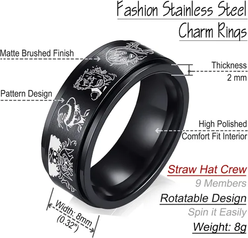 Miniatura 6 de Anillo de anime de una pieza para hombres y niños, anillo giratorio de acero inoxidable negro, sombrero de pajita, miembros de la tripulación