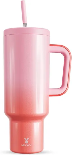 Miniatura 19 de Meoky - Vaso de 30 oz con asa, tapa y pajilla, taza de viaje térmica de acero inoxidable 100% a prueba de fugas, para portavasos, mantiene el frío