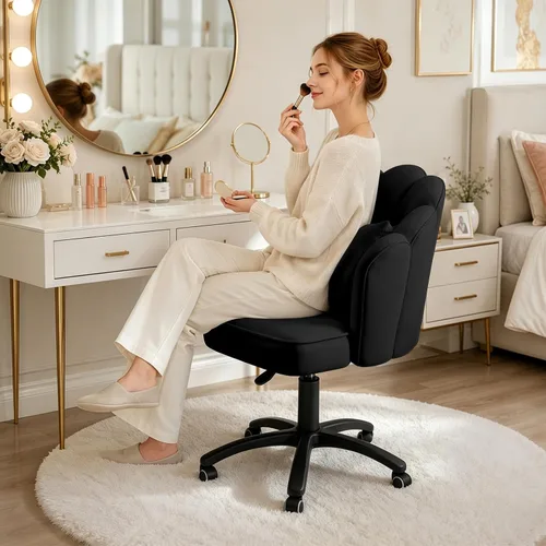 Miniatura 3 de Silla de tocador con ruedas, silla de escritorio de terciopelo con pétalos, silla de oficina en casa tapizada y copetada para mujeres y niñas, silla
