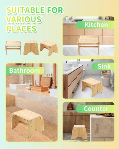 Miniatura 8 de Taburete de madera de un solo escalón de 9 pulgadas, taburete de madera para niños, adultos, ancianos, 200 libras junto al taburete para baño