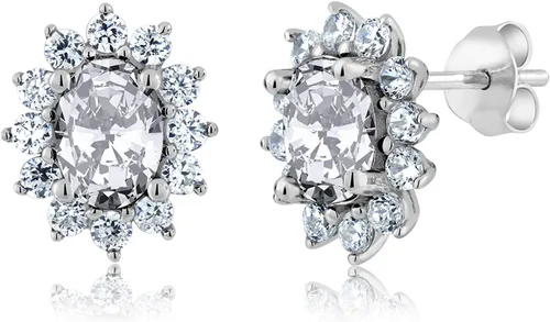 Miniatura 77 de Gem Stone King Aretes ovalados de plata de ley 925 de 0.276 x 0.197 in con piedra natal de la princesa Diana, estilo halo real para mujeres