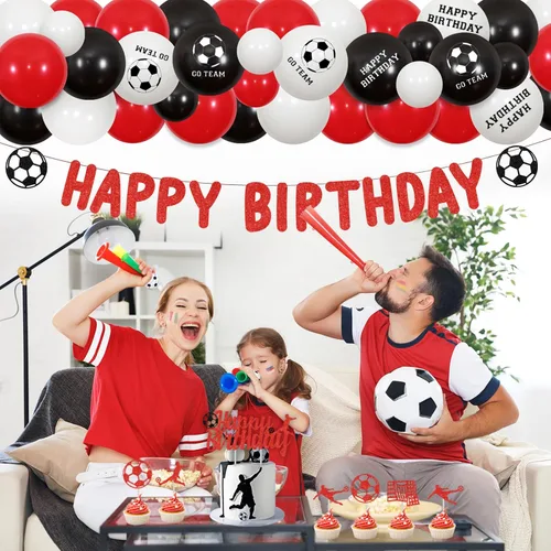 Miniatura 4 de Decoraciones de fiesta de cumpleaños de fútbol, decoración de fiesta temática de fútbol, kit de guirnalda de globos rojos y negros, pancarta