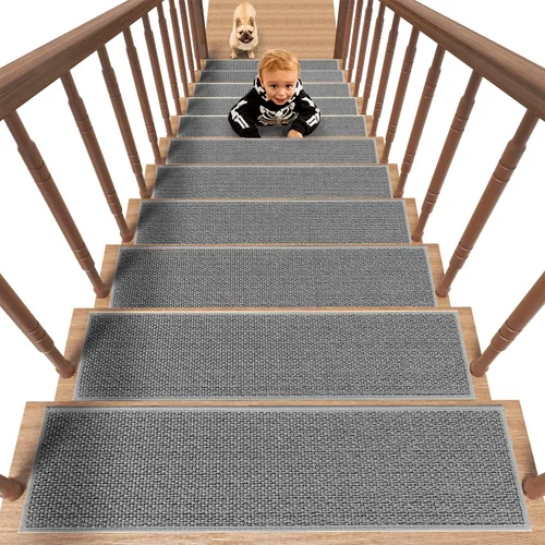 Miniatura 13 de PADOOR Peldaños de escalera antideslizantes, alfombras de escalera con respaldo de goma para escalones de madera, 15 piezas de peldaños de escalera