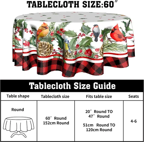 Miniatura 2 de Giwawa Mantel Redondo de Invierno con Aves para Navidad de 60 Pulgadas, con Bayas de Acebo y Piña, Diseño de Buffalo Plaid en Rojo y Negro