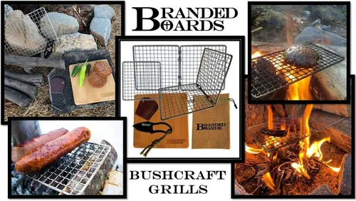 Miniatura 3 de Parrilla portátil de Bushcraft con rejilla para barbacoa de acero inoxidable, tabla de cortar de bambú, bolsa de arpillera, cuchillo mini, kits