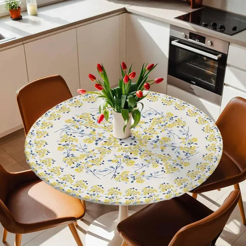 Miniatura 35 de Mantel redondo ajustado con diseño floral de mandala aguamarina, estilo étnico bohemio con borde elástico, impermeable, mantel circular de flores