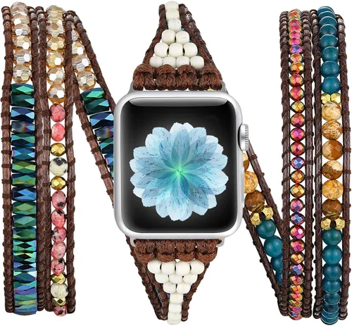 Miniatura 8 de Pulsera bohemia con cuentas compatible con correas de Apple Watch para mujer, hecha a mano con piedra natural, multicapa, correa bohemia con cuentas
