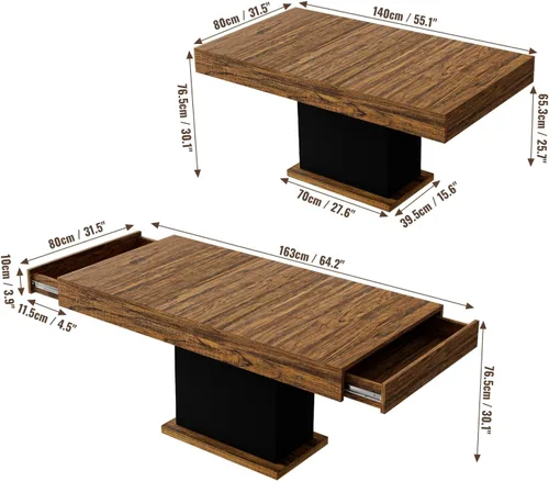 Miniatura 2 de Mesa de comedor de 55 pulgadas para 4 a 6 personas, mesa de comedor de madera de granja con cajones y luces LED para cocina, comedor y sala de estar