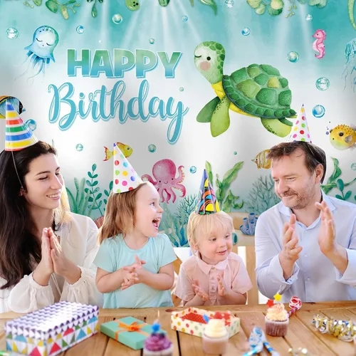 Miniatura 6 de Preboun Pancarta de fondo de cumpleaños de tortuga oceánica, decoración de fondo de fotos de animales marinos del océano para fiesta de cumpleaños