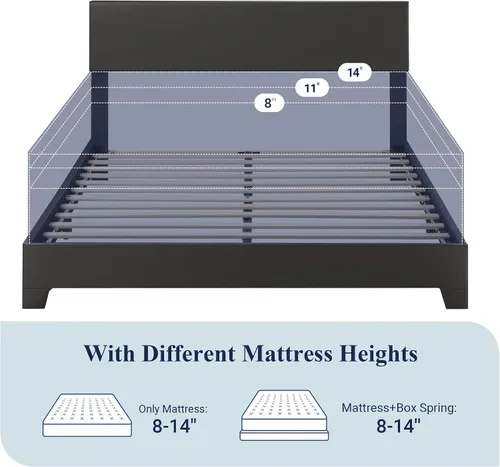 Miniatura 7 de Allewie Base de cama Queen con cabecera ajustable, plataforma de piel sintética con listones de madera, base de colchón resistente, no necesita
