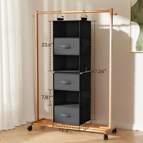Miniatura 2 de Pipishell Organizador colgante de armario de 6 estantes con 2 estantes separables de 3 niveles, 3 cajones y bolsillos laterales, organizadores