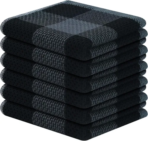Mordimy Trapos de cocina a cuadros 100% algodón, 12 x 12 pulgadas, súper suaves y absorbentes, de secado rápido, trapos de cocina para cocina, Negro