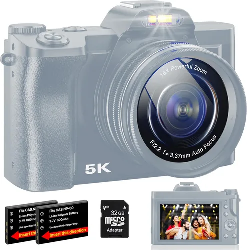 Cámara digital 5K WiFi de enfoque automático Vlogging Cámara para YouTube Cámara de 48MP para fotografía y video, cámaras de viaje con pantalla de