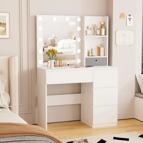 Miniatura 3 de Fameill Tocador de maquillaje con luces, escritorio de tocador de 37 pulgadas con espejo y luces, 4 cajones, 3 modos de iluminación, brillo