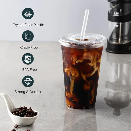 Miniatura 3 de AOZITA [100 juegos] Vasos de plástico transparente de 20 onzas con tapas y pajitas, vasos para café helado vasos desechables para café helado