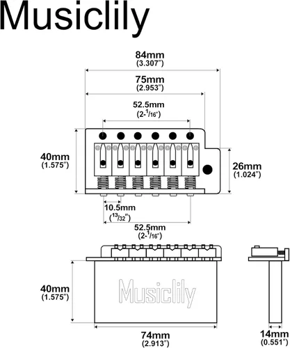 Miniatura 2 de Musiclily Pro Puente de trémolo moderno de 52.5mm con 6 tornillos de latón sólido para guitarra eléctrica estilo Fender Squier Strat Stratocaster
