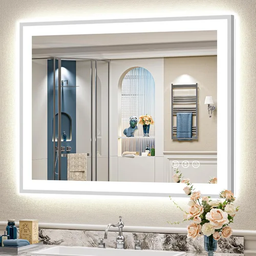 Miniatura 44 de 24x30 Espejo de baño LED con marco negro con luces, retroiluminado + iluminación frontal, espejo de tocador iluminado antivaho para pared de baño