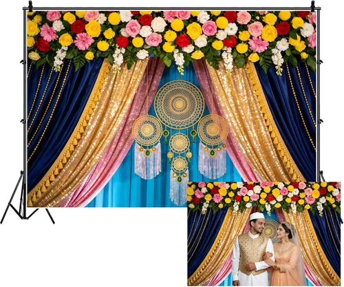 Renaiss Telón de fondo indio Pooja de 5 x 3 pies, cortina de matrimonio de flores coloridas de macramé, caléndula de macramé, fondo de fotografía